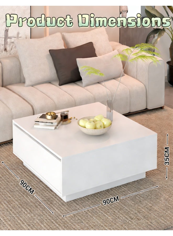 طاولة قهوة مع أدراج تخزين، طاولات مركزية خشبية مربعة مقاس 90 × 90 سم مع قاعدة سميكة، طاولة كونسول حديثة لغرفة المعيشة والمكتب المنزلي (CJ028-WHITE) - Image 3